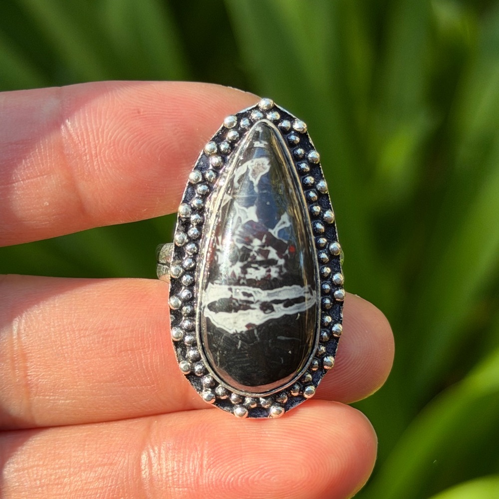 SIZE 11.5 925 silver plated snow flake obsidian‎ ring